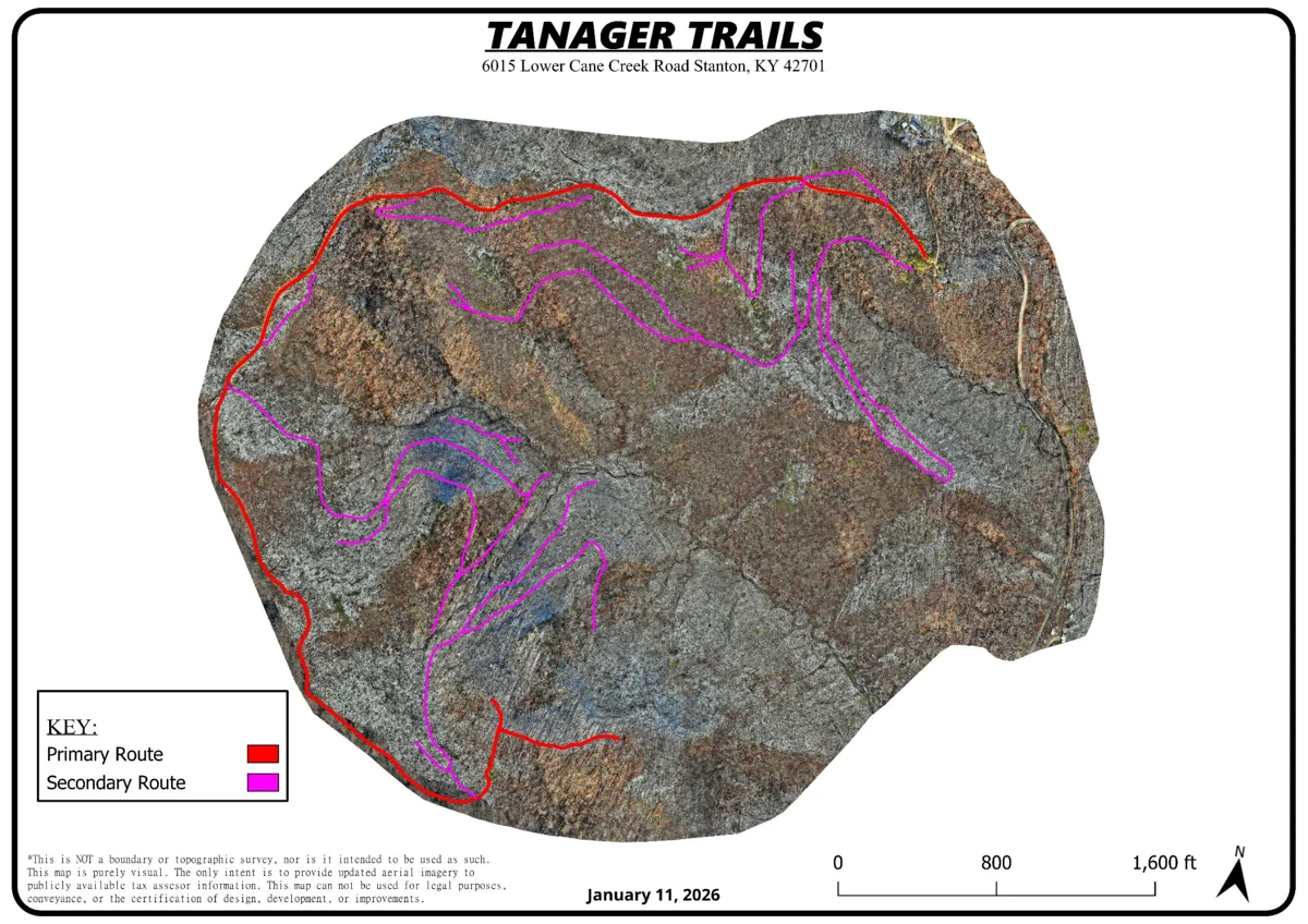 Tanager Trails aerial map with trail routes overlaid on site imagery
