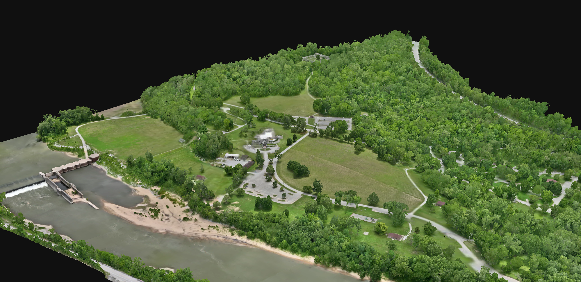 3D property model showing wooded terrain, access roads, buildings, and river frontage