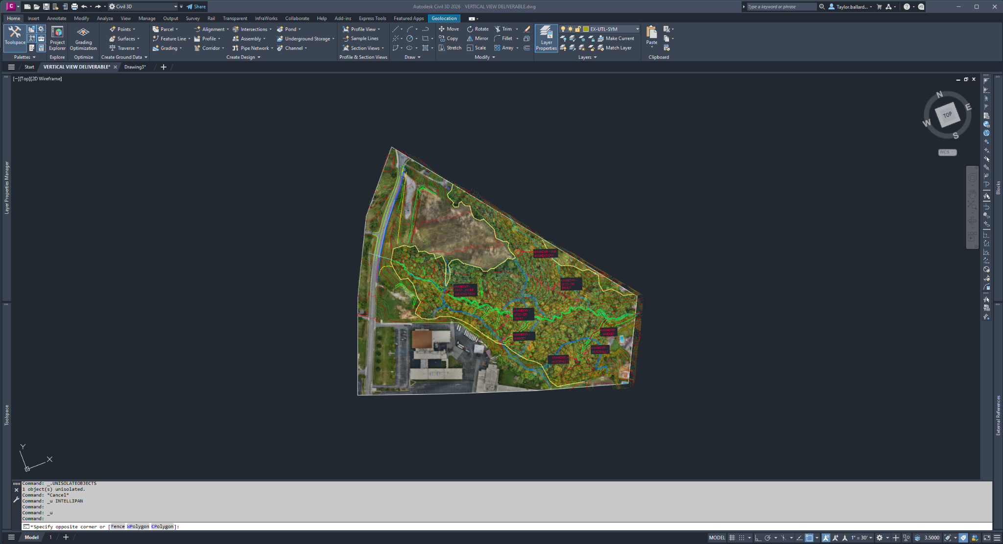 Civil 3D workspace showing the compiled orthophoto, contours, and planimetrics
